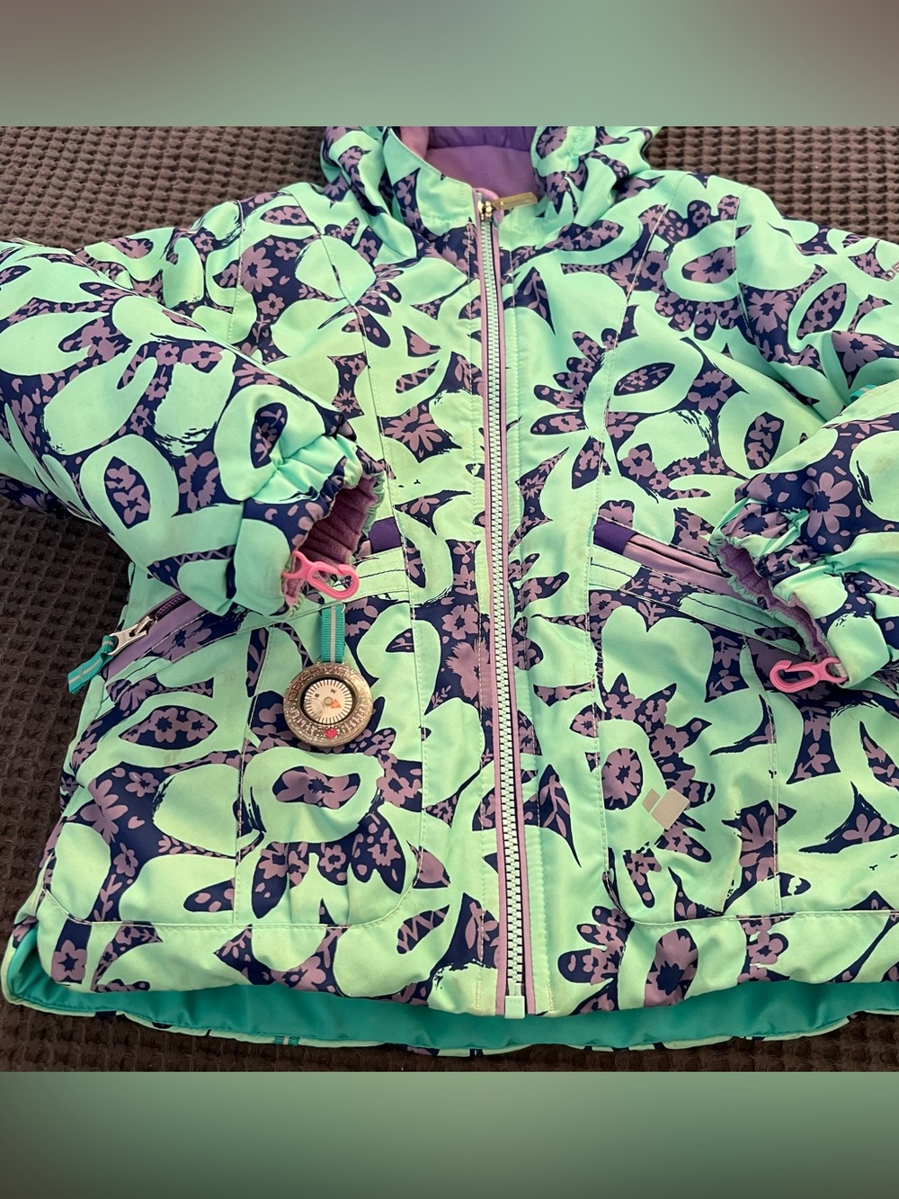 Obermeyer Mint Green & Purple Floral Hooded Puffer Winter Jacket Size 5